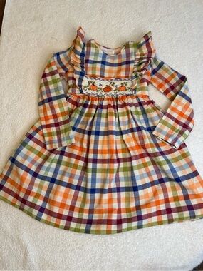 Bonnie Jean Girls Size 4 Smocked Pumpkin Plaid Thanksgiving Dress Fall Autumn